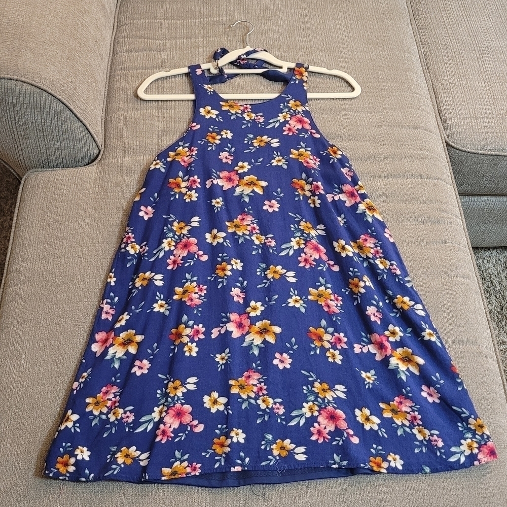 Entro Blue Pink Floral Boho Lined Casual A-Line Dress Size Medium